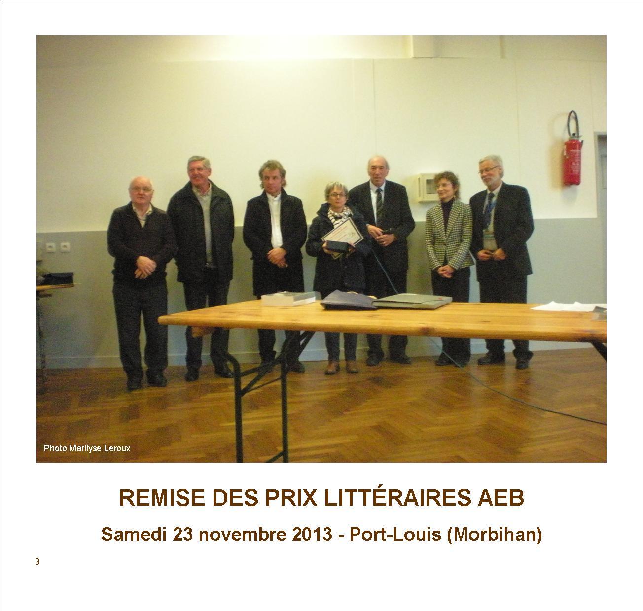 Remise du prix poésie à Chantal Couliou (au centre) entourée de (de gauche à droite) Gérard Le Gouic, Jean-Pierre Boulic, Louis Bertholom, Michel Priziac (président AEB), Patricia Guillemin (présidente du Jury), Pierre Livory (trésorier AEB).