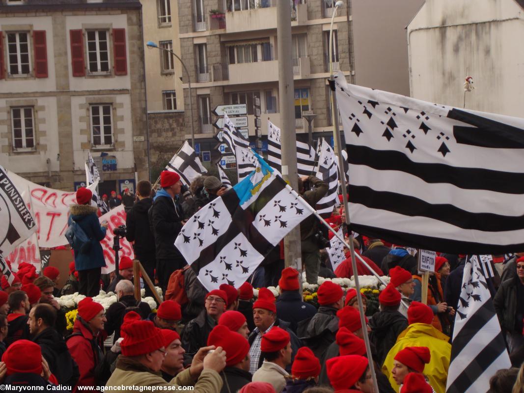 Un drapeau de Saint-Nazaire parmi les <i>gwenn ha du</i> et les bonnets rouges à Kemper le 2 novembre 2013.
