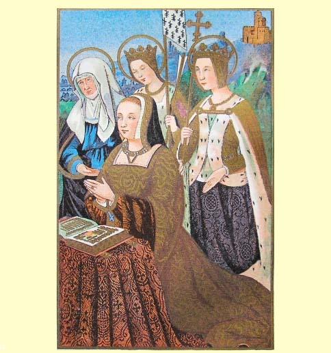 Anne de Bretagne en prière dans <i>Grandes heures d'Anne de Bretagne</i> en latin, de Jean Bourdichon (1457-1521) publié vers 1503-1508, folio : 2v-3. Domaine public. Anne de Bretagne en prière dans <i>Grandes heures d'Anne de Bretagne</i> en latin, de Jean Bourdichon (1457-1521) publié vers 1503-1508, folio : 2v-3. Domaine public.