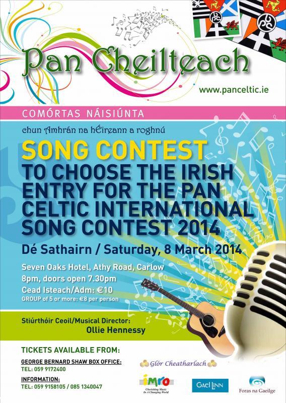 Affiche de la sélection du candidat irlandais qui aura lieu le 8 mars à Carlow pour le concours de chant du festival panceltique.