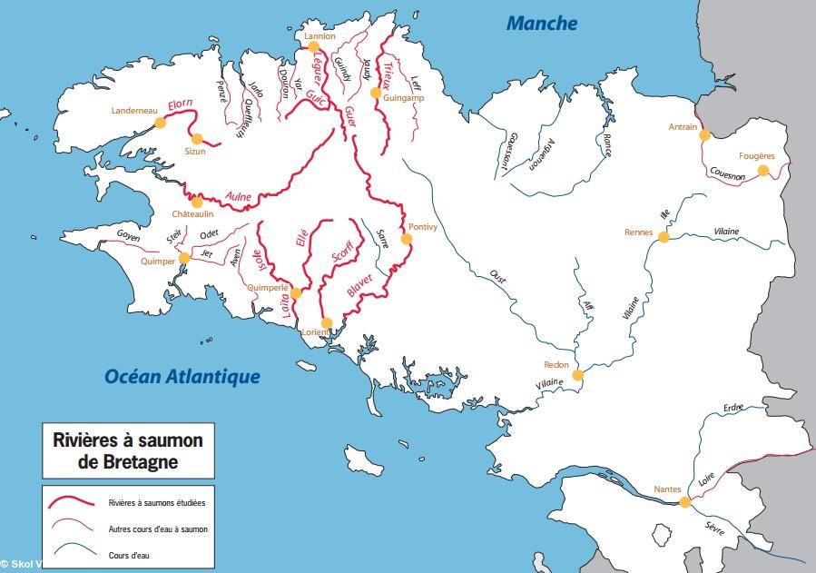 Carte des rivières à saumons en Bretagne. Dans <i>Le saumon en Bretagne. Des siècles d'histoire et de passion</i>, de Pierre Phélipot et Pierre Martin. Morlaix, Skol Vreizh, 2014.