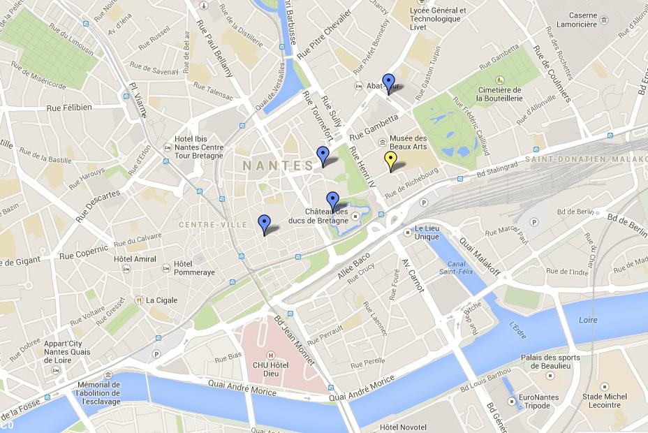 Plan situation de la chapelle de l'Immaculée à Nantes (épingle jaune). Plan situation de la chapelle de l'Immaculée à Nantes (épingle jaune).