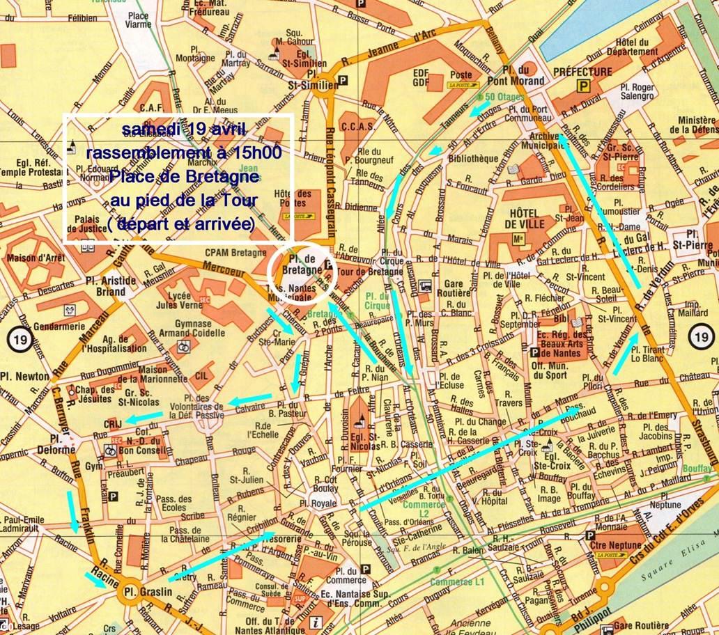 Parcours de la manifestation pour la réunification de la Bretagne à Nantes samedi 19 avril 2014.