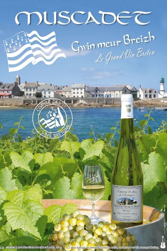 Affiche bilingue Muscadet grand vin breton.