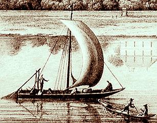 Chaland de Loire ou gabare (bateau à une voile) transportant du vin de l'embouchure de la Loire jusqu'aux Ponts-de-Cées. Il transporte donc du muscadet. XVIIIe siècle, anonyme.