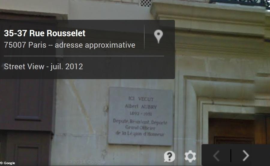 La plaque Albert Aubry rue Rousselet à Paris, en situation par Google Street view. La plaque Albert Aubry rue Rousselet à Paris, en situation par Google Street view.