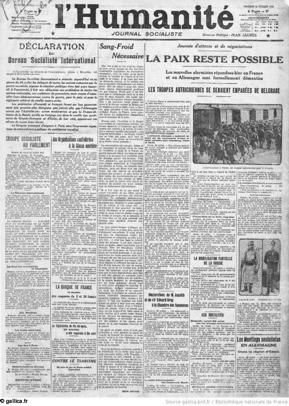 L'Humanité. Une du 31 juillet 1914.