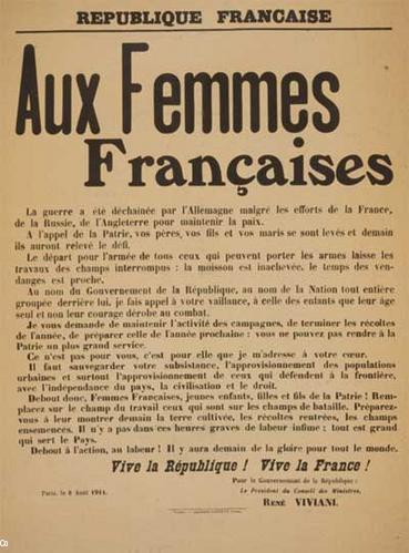 Placard Aux Femmes françaises, 2 août 1914, texte de René Viviani.