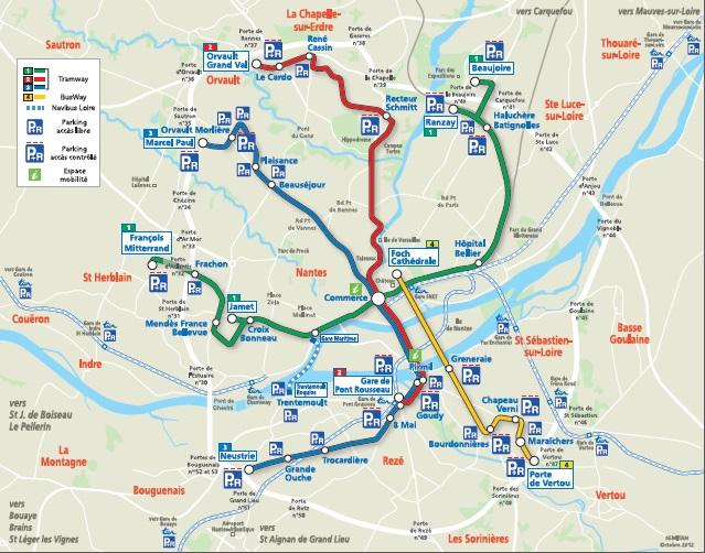 Plan des parkings relais autour de Nantes.