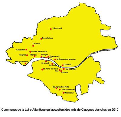 Cartes des nids de cigognes blanches en Loire-Atlantique en 2010. Source ACROLA.