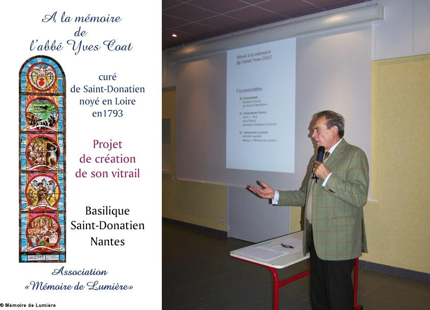 François Hélie de La Harie en conférence, annonçant la souscription pour le vitrail Yves Coat. François Hélie de La Harie en conférence, annonçant la souscription pour le vitrail Yves Coat.