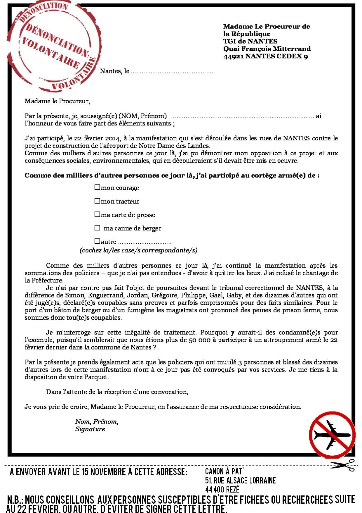 Modèle de lettre d'auto-dénonciation.