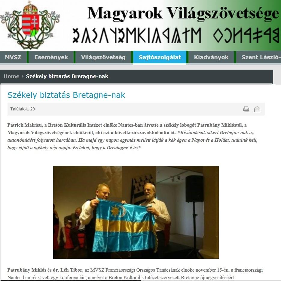 Copie d'écran. <i>L'encouragement de la Bretagne aux Sicules</i>. Budapest, 19 nov. 2014. Copie d'écran. <i>L'encouragement de la Bretagne aux Sicules</i>. Budapest, 19 nov. 2014.