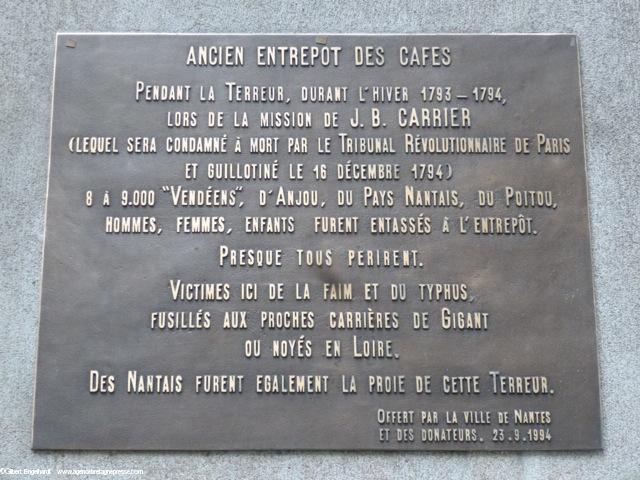 Noyades de Nantes. La plaque commémorative des Entrepôts des cafés, rue général La Moricière à Nantes. Noyades de Nantes. La plaque commémorative des Entrepôts des cafés, rue général La Moricière à Nantes.