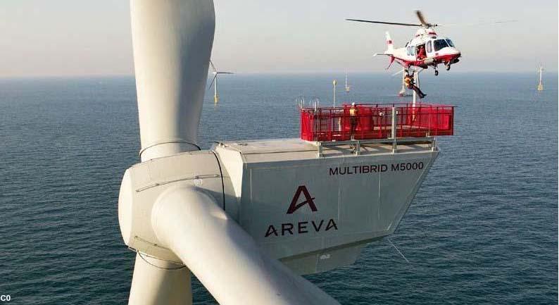 Photo Areva d'une turbine de 5MW, les turbines de 8MW seront encore plus grosses et plus hautes.