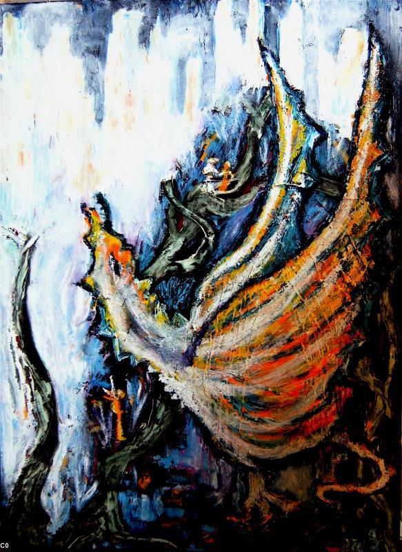 Sur la photo d'une toile à l'huile d'ArmelLeSec'h, le réveil de "Sterenn", la Merveille des Dragons. De petits korrigans observent son envol.