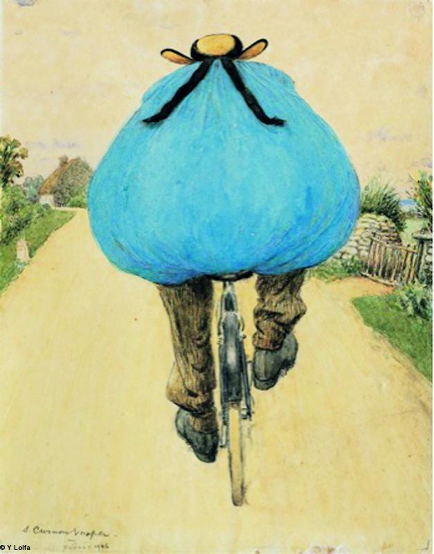 <i>A mechanised farmer</i> - in Brittany - by Sydney Curnow Vosper (1866-1942) in 1906, oil on card. It is the animated Musée du Faouët's logo (see http://www.museedufaouet.fr/ ).