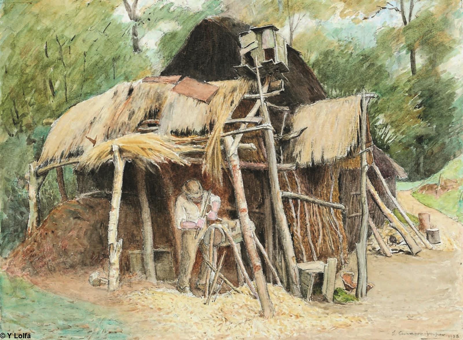 <i>Sabot-makers hut</i> (Hutte de sabotier) - en Bretagne. Par Sydney Curnow Vosper (1866-1942).
