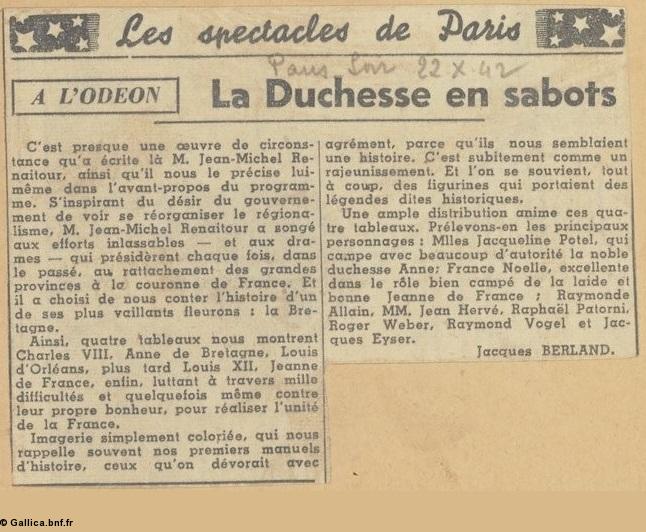 <i>Paris soir</i>, 22 oct. 1942. Jacques Berland. <i>La Duchesse en sabots</i> à l'Odéon. <i>Paris soir</i>, 22 oct. 1942. Jacques Berland. <i>La Duchesse en sabots</i> à l'Odéon.