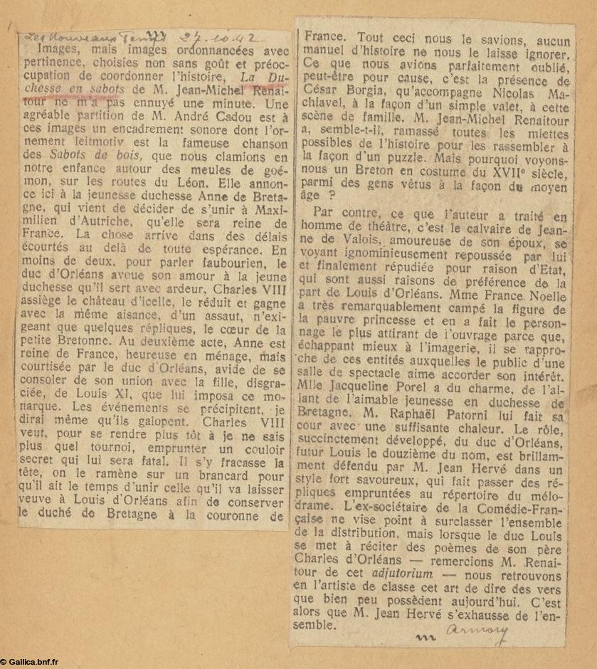 <i>Les Nouveaux Temps</i>, 27 oct. 1942, sign. manuscrite Armory. <i>La Duchesse en sabots</i> à l'Odéon. <i>Les Nouveaux Temps</i>, 27 oct. 1942, sign. manuscrite Armory. <i>La Duchesse en sabots</i> à l'Odéon.