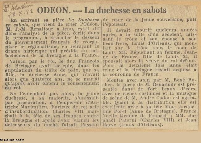 <i>Le Matin</i>, 28 oct. 1942. <i>La Duchesse en sabots</i> à l'Odéon. <i>Le Matin</i>, 28 oct. 1942. <i>La Duchesse en sabots</i> à l'Odéon.