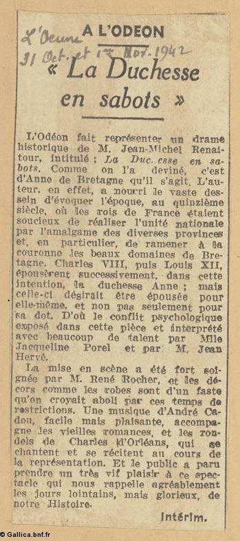 <i>L'Oeuvre</i>, 31 oct.-1er nov. 1942. <i>La Duchesse en sabots</i> à l'Odéon. <i>L'Oeuvre</i>, 31 oct.-1er nov. 1942. <i>La Duchesse en sabots</i> à l'Odéon.