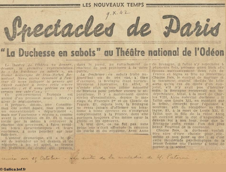 <i>Les Nouveaux Temps</i>, 9 oct. 1942. <i>La Duchesse en sabots</i> à l'Odéon. Mention manuscrite “remis au 15 octobre par suite de la maladie de M. Patorni”. <i>Les Nouveaux Temps</i>, 9 oct. 1942. <i>La Duchesse en sabots</i> à l'Odéon. Mention manuscrite “remis au 15 octobre par suite de la maladie de M. Patorni”.