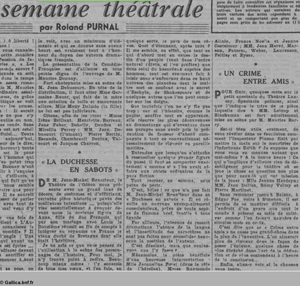 <i>Comoedia</i> journal. Article de presse original pour <i>La Duchesse en sabots</i> jouée à l'automne 1942 et peut-être en 1943. Roland Purnal. <i>Comoedia</i> journal. Article de presse original pour <i>La Duchesse en sabots</i> jouée à l'automne 1942 et peut-être en 1943. Roland Purnal.
