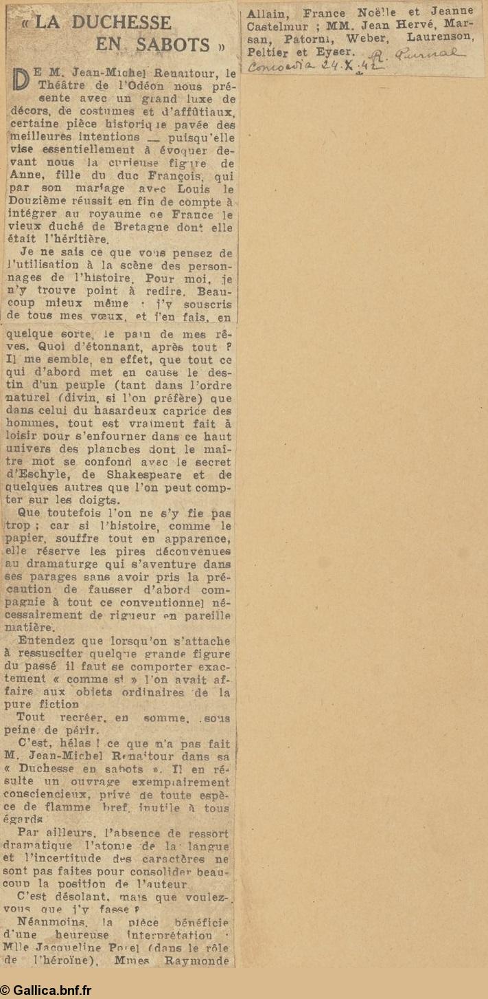 <i>Comoedia</i> montage pour le recueil factice de coupures de presse de l'Odéon. <i>La Duchesse en sabots</i> jouée à l'automne 1942 et peut-être en 1943. Roland Purnal. <i>Comoedia</i> montage pour le recueil factice de coupures de presse de l'Odéon. <i>La Duchesse en sabots</i> jouée à l'automne 1942 et peut-être en 1943. Roland Purnal.