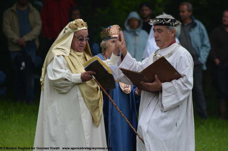 The Archdruid of Wales Jim Parc Nest, the Grand Bard of Cornwall Maureen Fuller, the Grand Druid of Brittany Per-Vari Kerloc'h celebrate the Gorsedd digor in Brasparts, July 19th 2015.