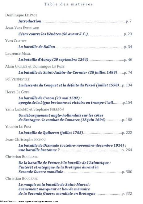 Table des matières de : 11 batailles qui ont fait la Bretagne, Morlaix, Skol Vreizh, 2015.