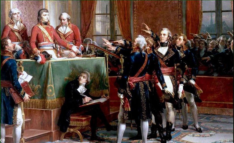 Le premier consul, ou la négation de la démocratie personnifiée, installe le Conseil d'Etat au palais du Petit-Luxembourg le 25 décembre 1799. Les bras tendus, précurseurs du salut nazi, sont pour le serment de fidélité. Une fidélité à l'empereur devenue au fil du temps une fidélité à une certaine idée de la République. (Couder, huile sur toile, 1856).
