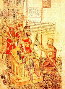 Alain le Roux a genoux devant le roi Guillaume le Conquérant (registre de Richmond). Alain porte les armoiries des ducs de Bretagne de la maison de Dreux.