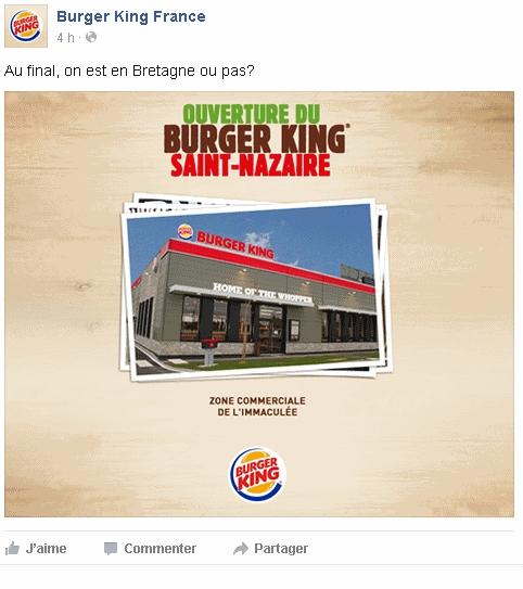page facebook de Burger King France : ouverture du restaurant de Saint-Nazaire
