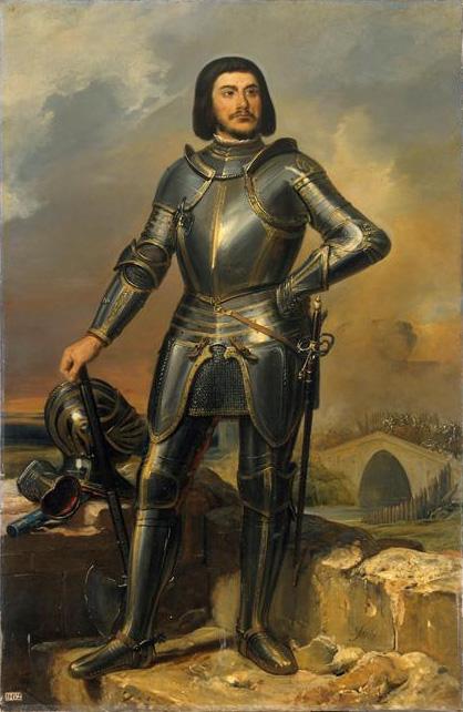 Gilles de Laval, sire de Rais, compagnon de Jeanne d'Arc, Maréchal de France (1404-1440). Huile sur toile exposée dans la galerie des maréchaux de France, château de Versailles
(vue d'artiste par Éloi Firmin Féron, 1835