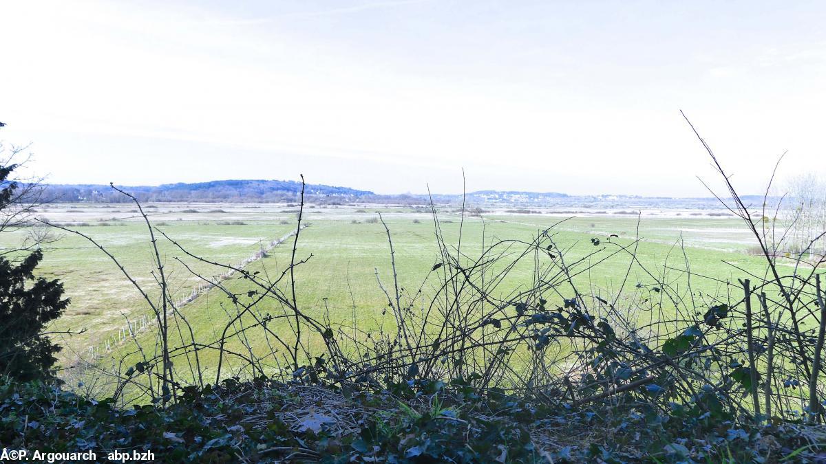 Vue du plan d'eau aujourd'hui asséché. Au loin Redon. Vue du haut de la muraille nord.