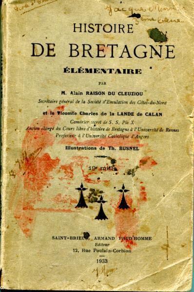 couverture d'un manuel d'histoire de Bretagne utilisé dans des écoles catholiques au début des années 1930