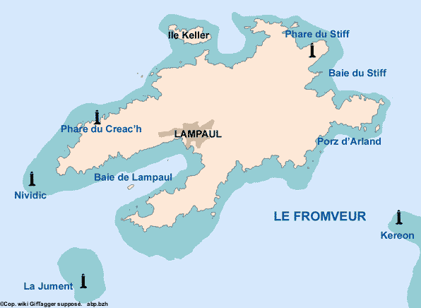 Carte des Phares de l'île de Ouessant. Kéréon à droite entre Ouessant et l'archipel de Molène.