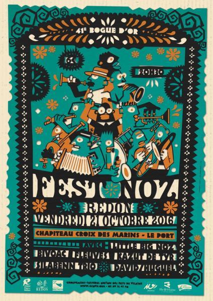 Affiche du fest noz de la Bogue d'Or 2016 à Redon, vendredi 21 octobre, 20 h 30. Dessin d'Alexandre Aubert.