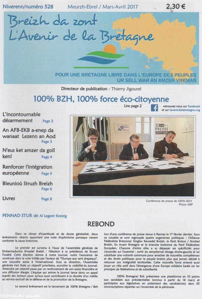 Une du numéro 528 du journal "L'Avenir de la Bretagne"