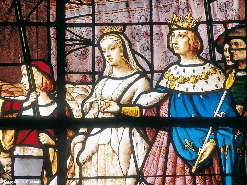 Vitrail de la mairie de Vannes représentant le mariage d'Anne de Bretagne avec Charles VIII. Gros plan.