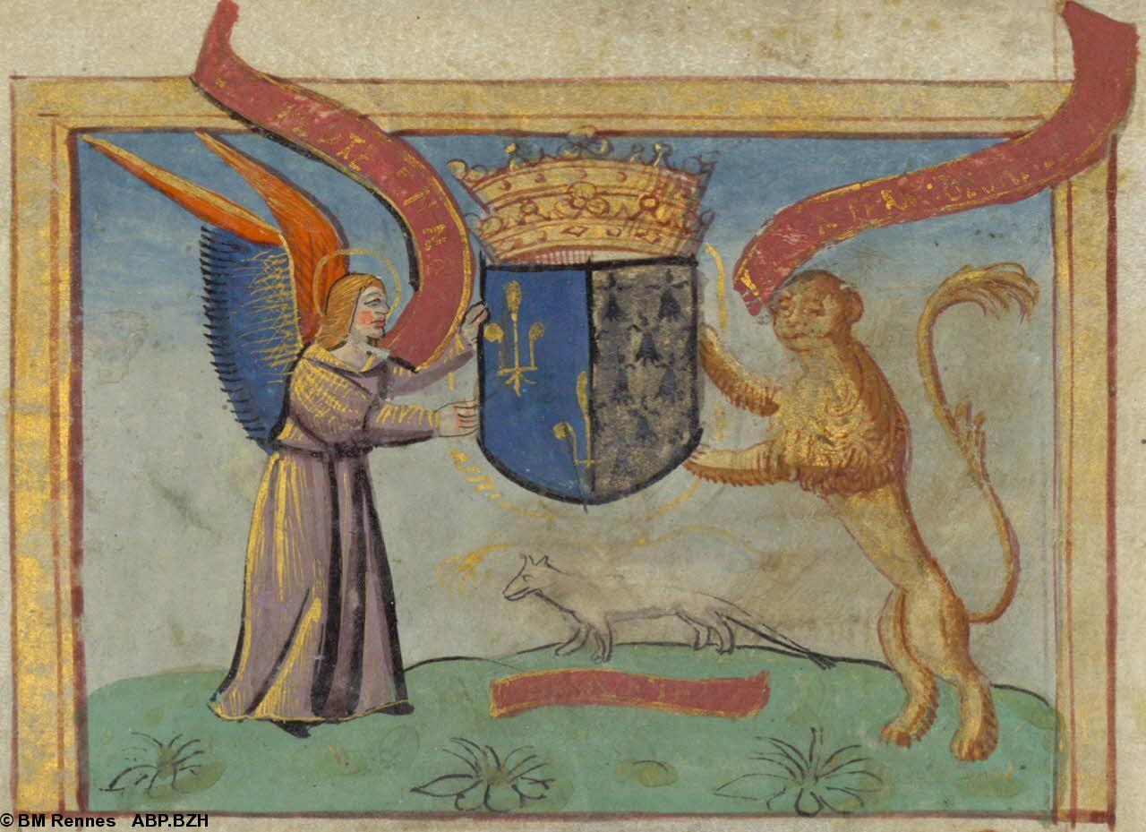 12- Écusson d'Anne de Bretagne, le lion du côté d'Anne, autre version : le manuscrit 332, Rennes, 1514. 12- Écusson d'Anne de Bretagne, le lion du côté d'Anne, autre version : le manuscrit 332, Rennes, 1514.