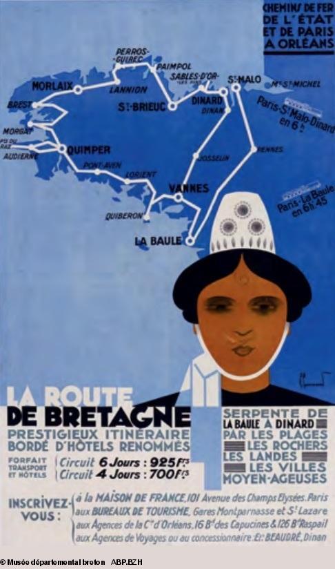 La route de Bretagne serpente de La Baule à Dinard, affiche de 1925-1930. Pierre Commarmond (1897-1983).
