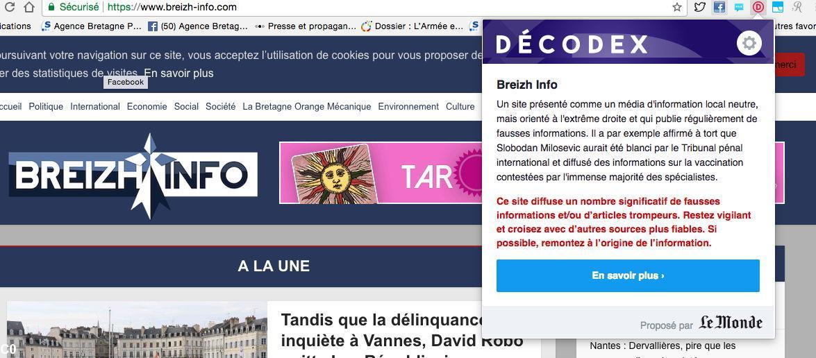 L'alerte de fakenews du pluggin DECODEX apparait sur le site de Breizh-info.