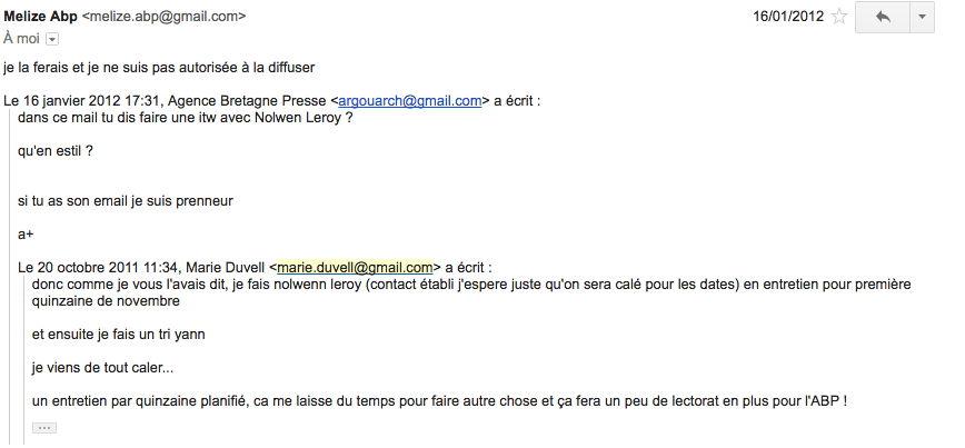 Un mail de Marie Duvel du 20 octobre 2011 adressé à Philippe Argouarch avec réponse de Melize Danet le 16 janvier 2012 qui établit le lien entre les deux pseudos.