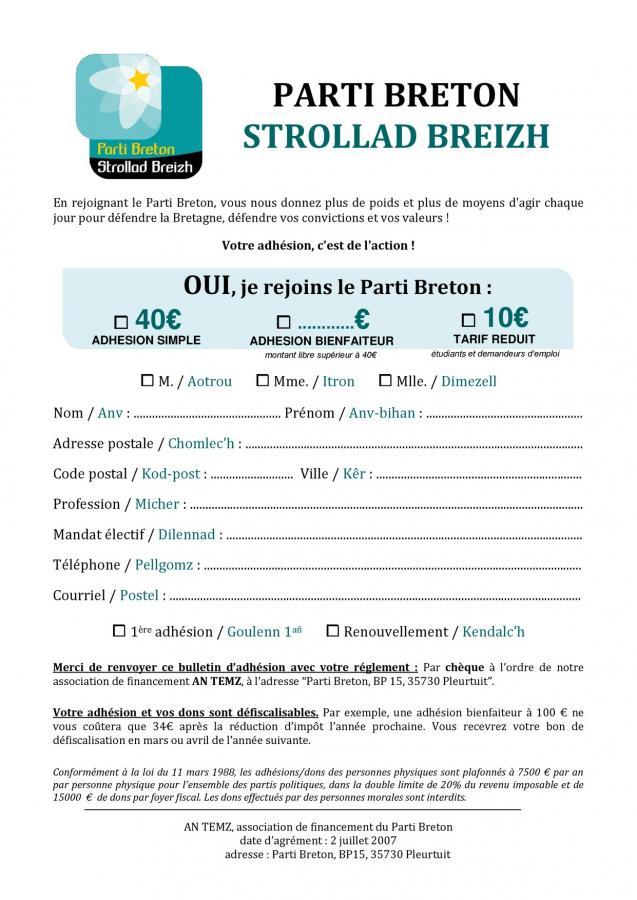 Bulletin adhésion Parti Breton