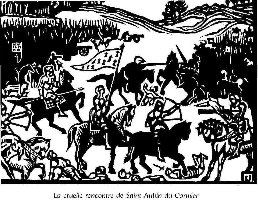 Bataille de Saint-Aubin du Cormier 27 juillet 1488, gravure sur bois de Jeanne Malivel.