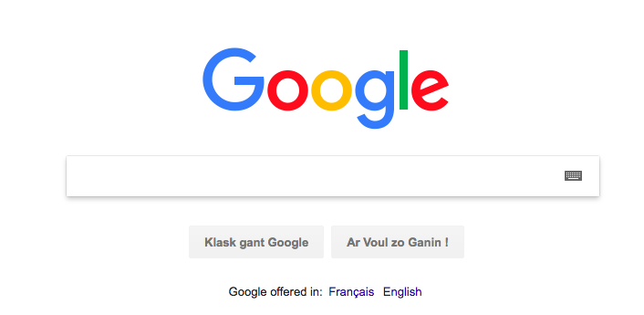 Google paramètré avec interface en breton et résultats en anglais et  en français.