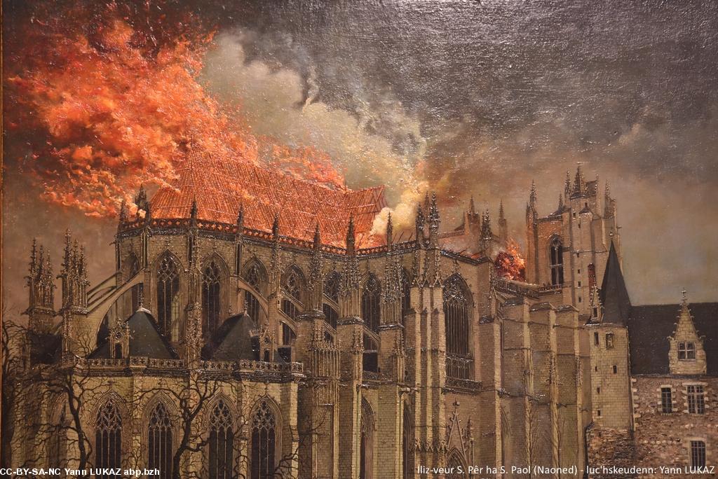 Bretagne, Nantes, cathédrale, tableau de l'incendie de toiture en 1972. Livadur diwar tan-gwall an toenn e 1972. Foto 2016.
