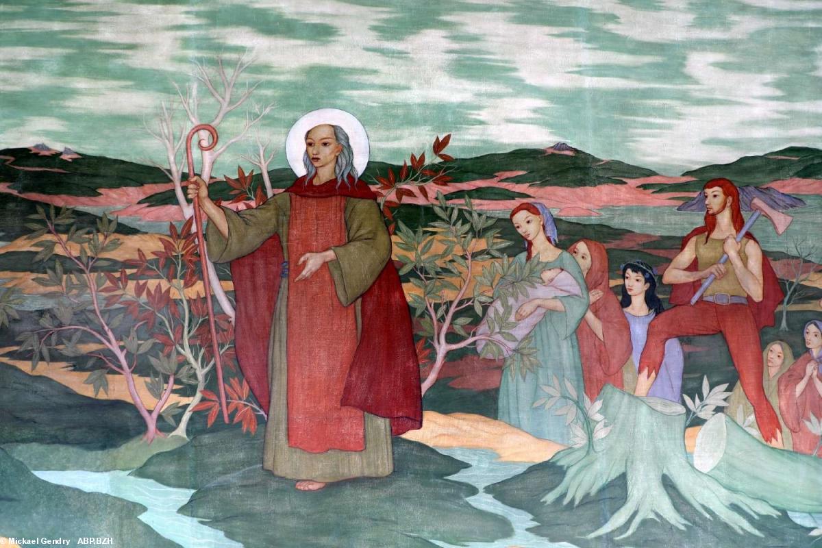 Détail de la toile peinte illustrant l’arrivée du moine Brieuc dans la vallée du Légué à Saint-Brieuc par Xavier de Langlais, 1956 (Cloître de la Maison Saint-Yves, Saint-Brieuc).